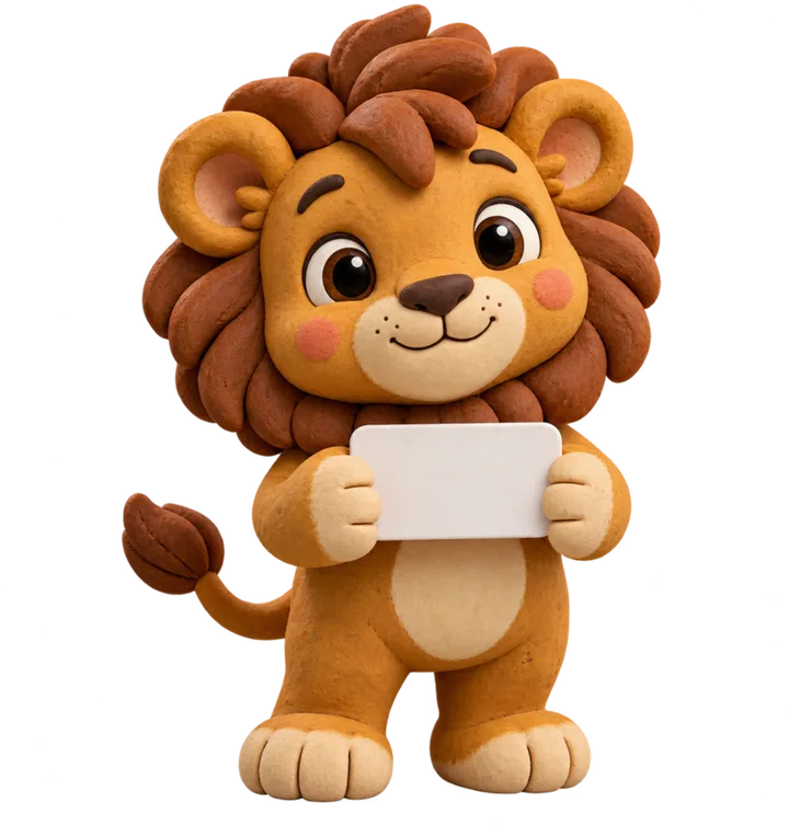 LabelCub's clay lion holding up a blank name label